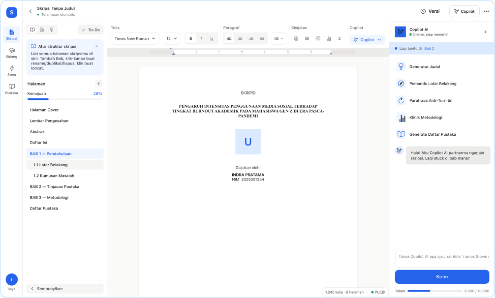 Editor Openthesis.ai menampilkan naskah skripsi dengan Copilot AI di sisi kanan